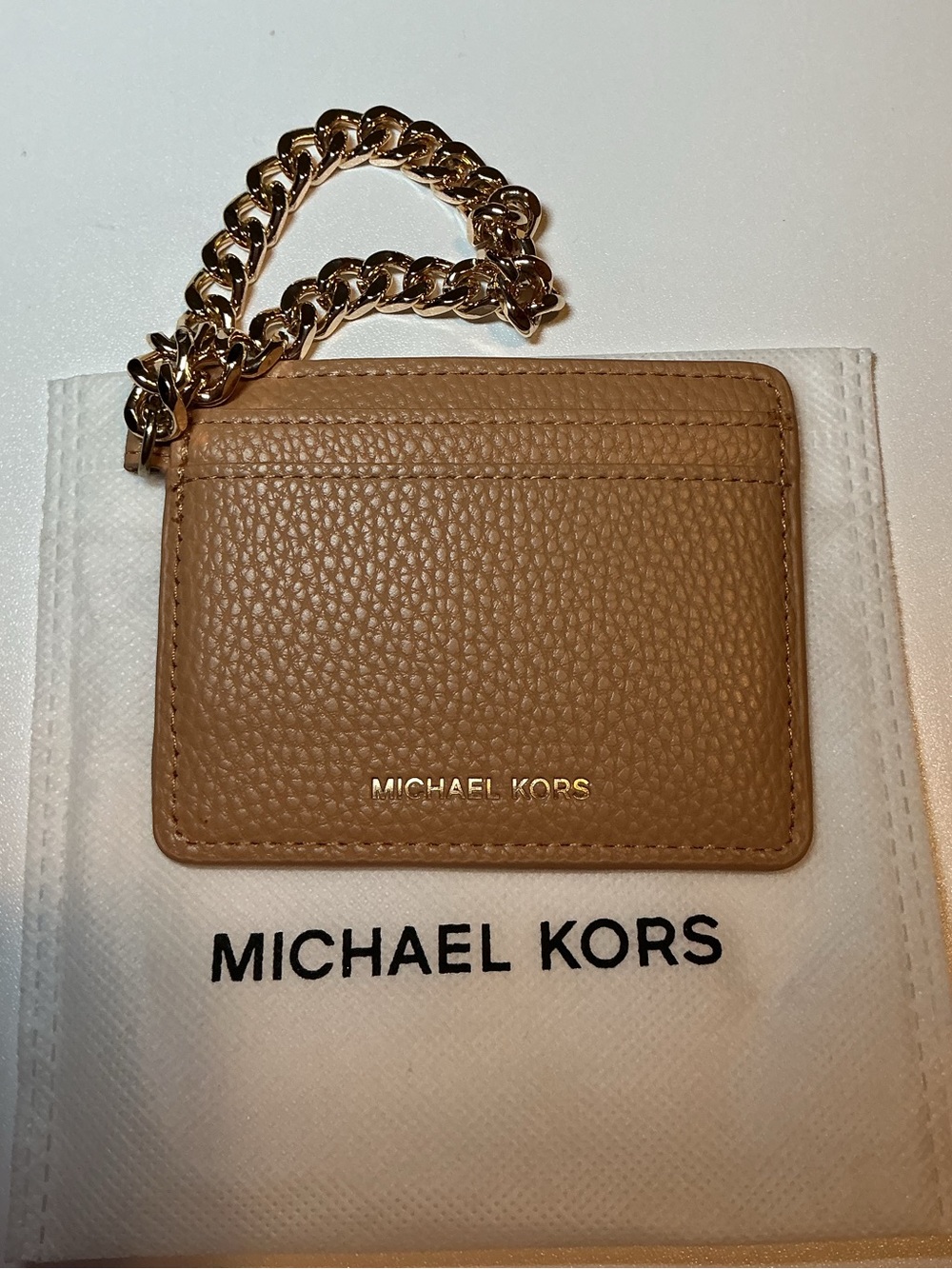 Michael Kors Tan Pebbled Leather Card Holder with Gold Chain